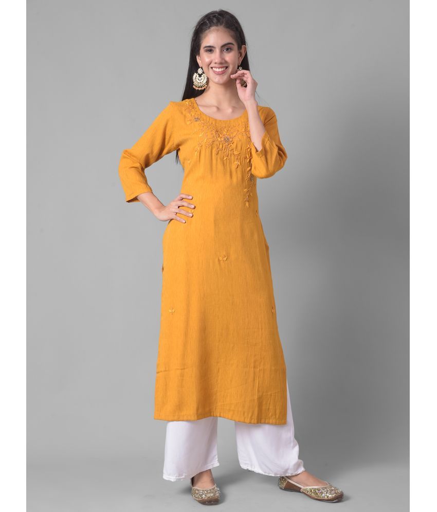     			Dollar Missy Cotton Blend Embellished Straight Women's Kurti - Mustard ( Pack of 1 )