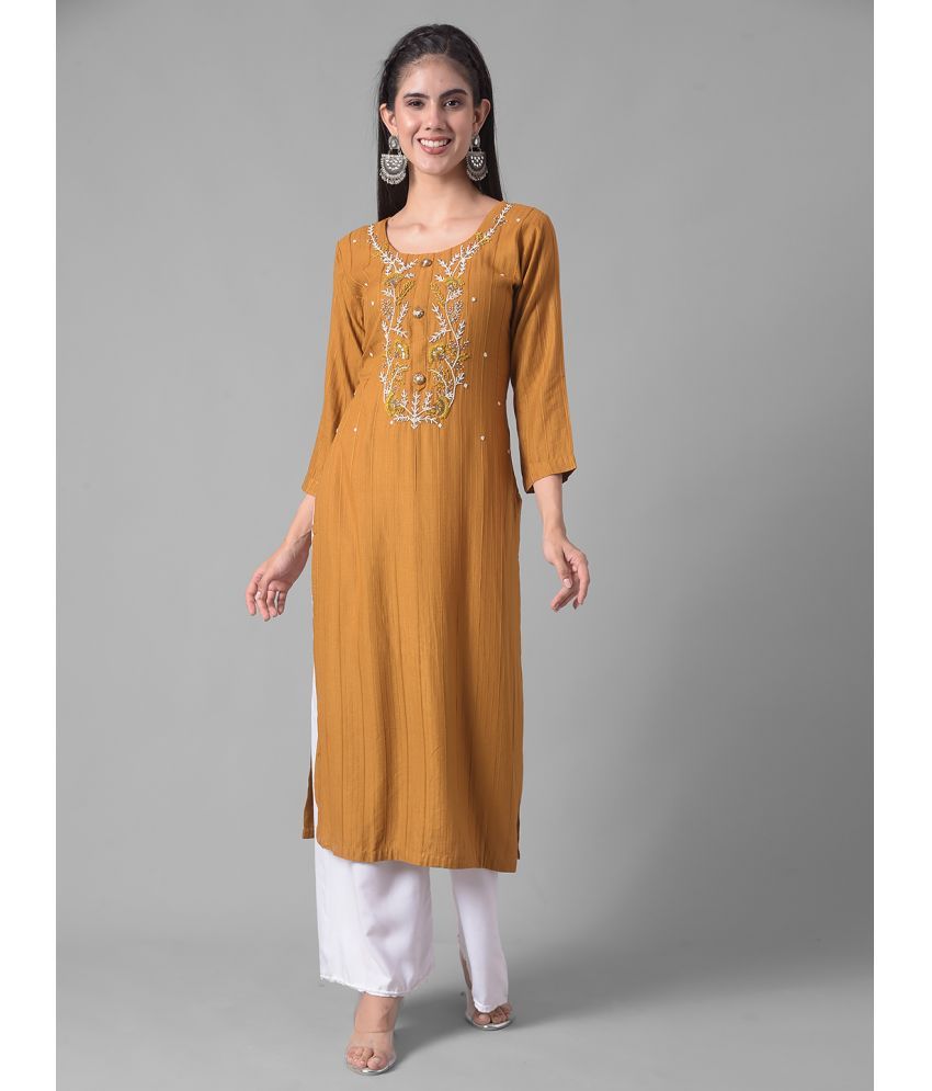     			Dollar Missy Cotton Blend Embroidered Straight Women's Kurti - Yellow ( Pack of 1 )