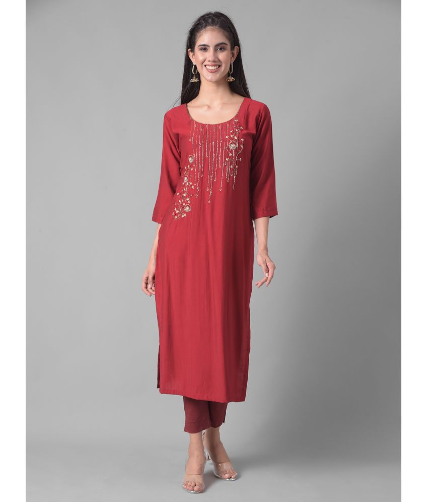     			Dollar Missy Cotton Blend Embroidered Straight Women's Kurti - Maroon ( Pack of 1 )