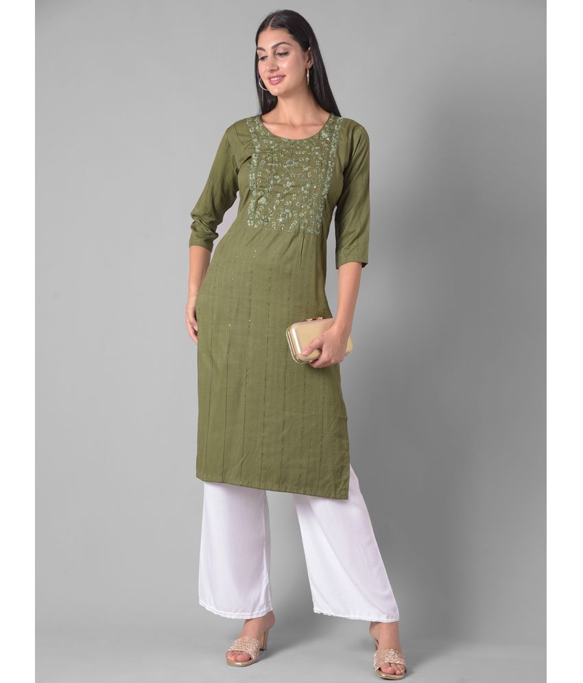     			Dollar Missy Cotton Blend Embroidered Straight Women's Kurti - Green ( Pack of 1 )