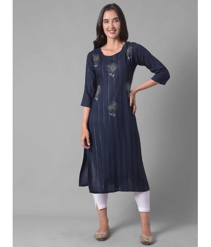    			Dollar Missy Cotton Blend Embroidered Straight Women's Kurti - Blue ( Pack of 1 )