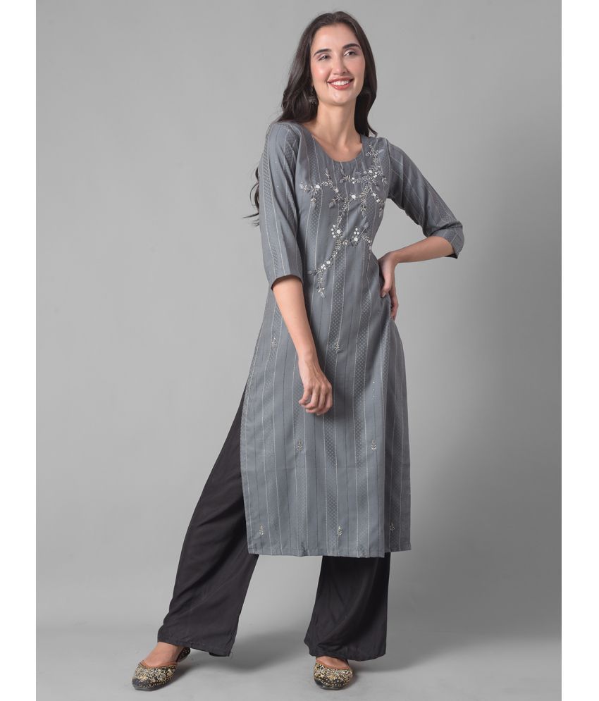     			Dollar Missy Cotton Blend Embellished Straight Women's Kurti - Grey ( Pack of 1 )