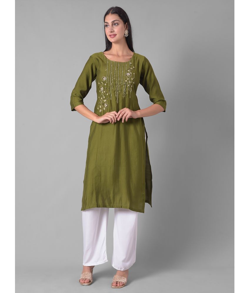     			Dollar Missy Cotton Blend Embroidered Straight Women's Kurti - Green ( Pack of 1 )