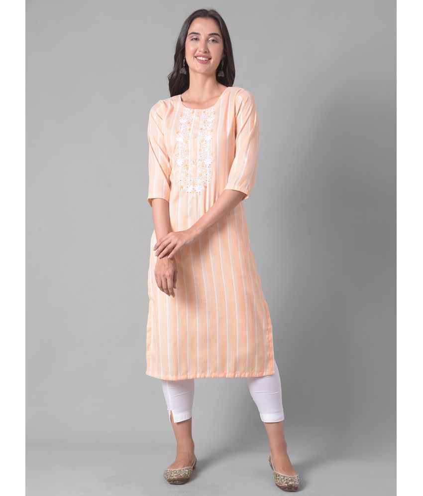     			Dollar Missy Cotton Blend Striped Straight Women's Kurti - Peach ( Pack of 1 )