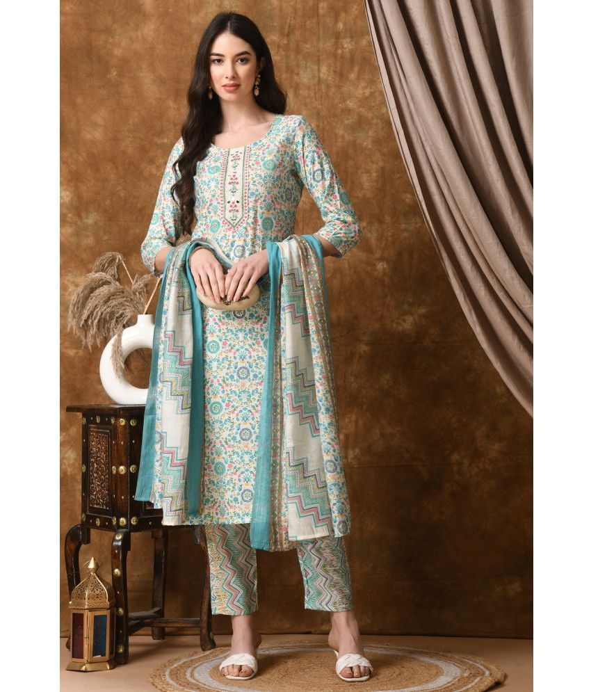     			S Majida Cotton Silk Printed Kurti With Pants Women's Stitched Salwar Suit - Green ( Pack of 1 )