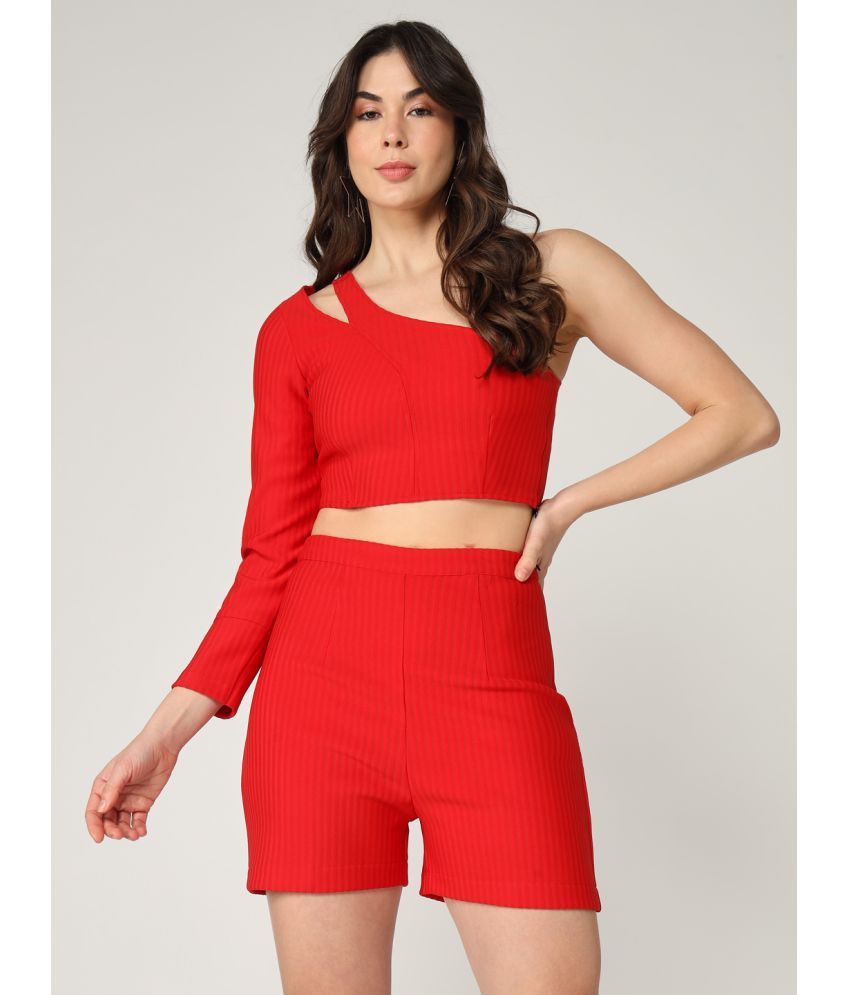     			Zima Leto Women's One-Shoulder Crop Top With Matching Shorts Set