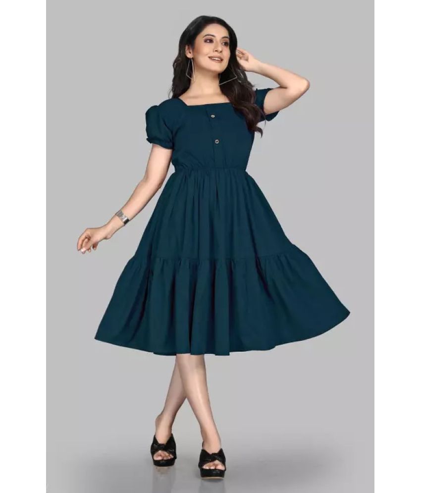     			Femvy Polyester Solid Knee Length Women's Fit & Flare Dress - Blue ( Pack of 1 )