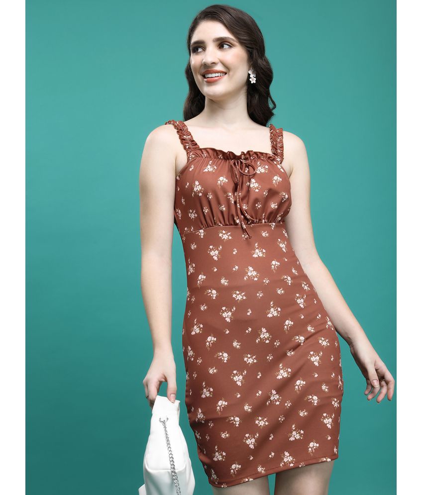     			Ketch Polyester Blend Printed Mini Women's Bodycon Dress - Brown ( Pack of 1 )