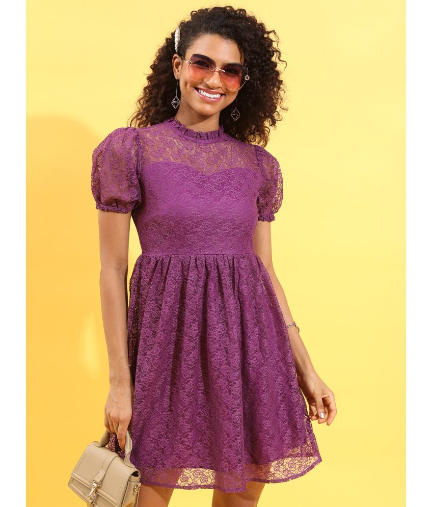     			Ketch Polyester Self Design Mini Women's Fit & Flare Dress - Purple ( Pack of 1 )