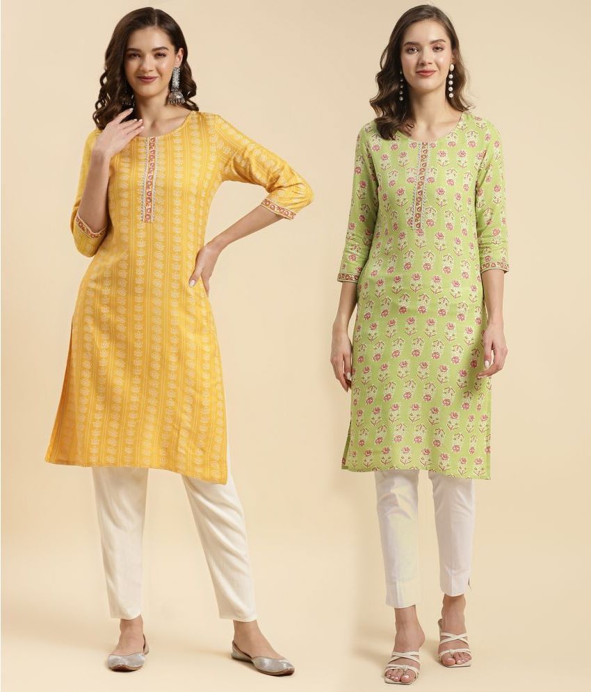     			Rangita Rayon Printed Straight Women's Kurti - Yellow & Light Green ( Pack of 2 )