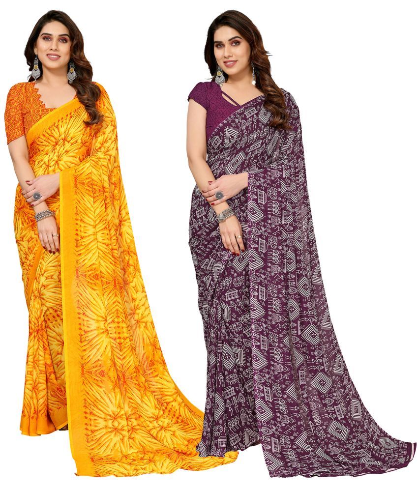     			Kashvi Sarees Georgette Printed Saree With Blouse Piece - Multicolour ( Pack of 2 )