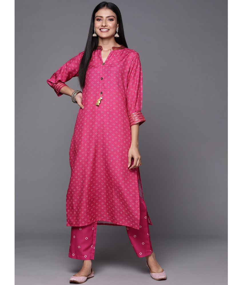     			Varanga Silk Blend Printed Kurti With Pants Women's Stitched Salwar Suit - Pink ( Pack of 1 )