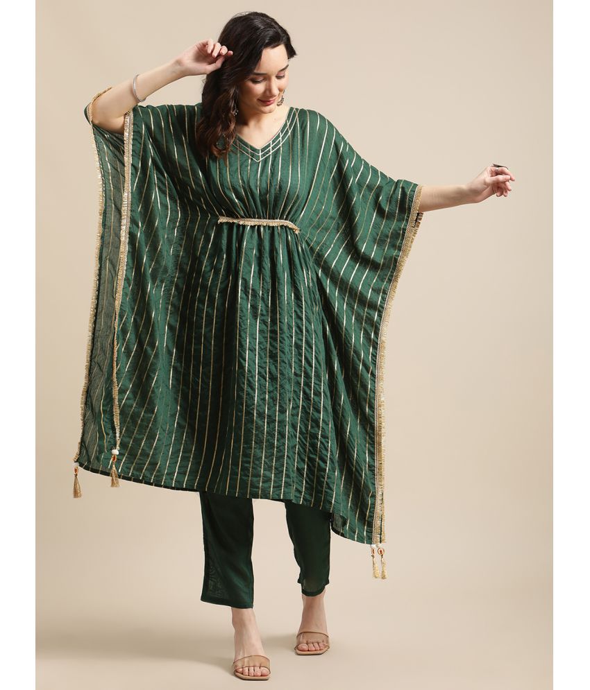     			Varanga Silk Blend Striped Kurti With Pants Women's Stitched Salwar Suit - Green ( Pack of 1 )