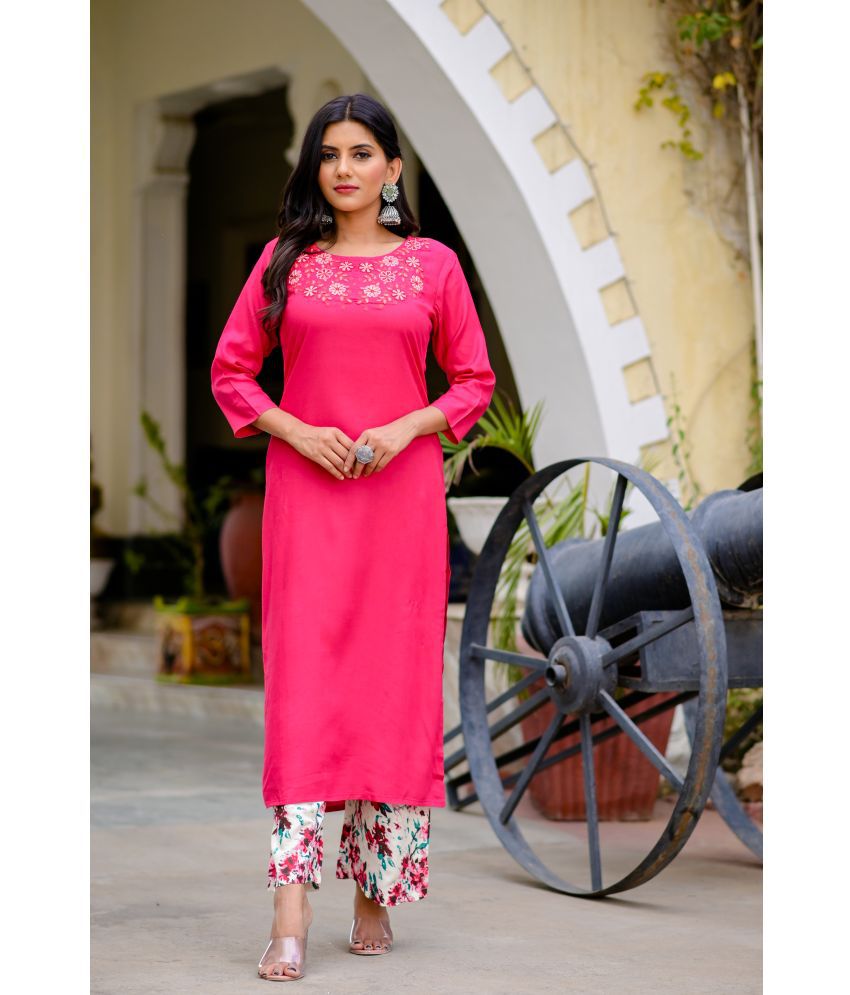     			Yufta Rayon Solid Kurti With Pants Women's Stitched Salwar Suit - Pink ( Pack of 1 )