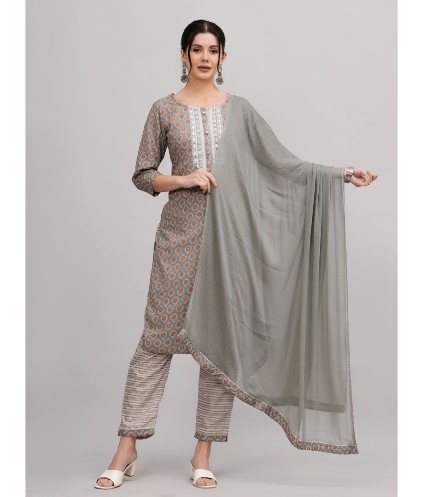     			JC4U Cotton Printed Kurti With Pants Women's Stitched Salwar Suit - Grey ( Pack of 1 )