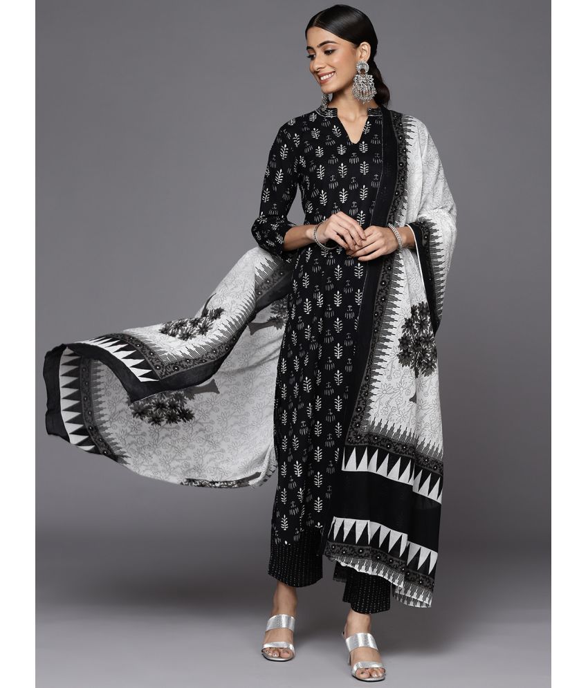     			Varanga Cotton Printed Kurti With Pants Women's Stitched Salwar Suit - Black ( Pack of 1 )