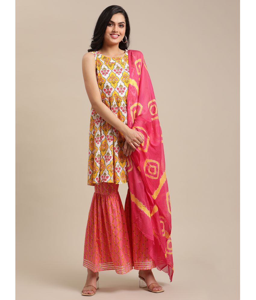     			Varanga Cotton Printed Kurti With Sharara And Gharara Women's Stitched Salwar Suit - Mustard ( Pack of 1 )