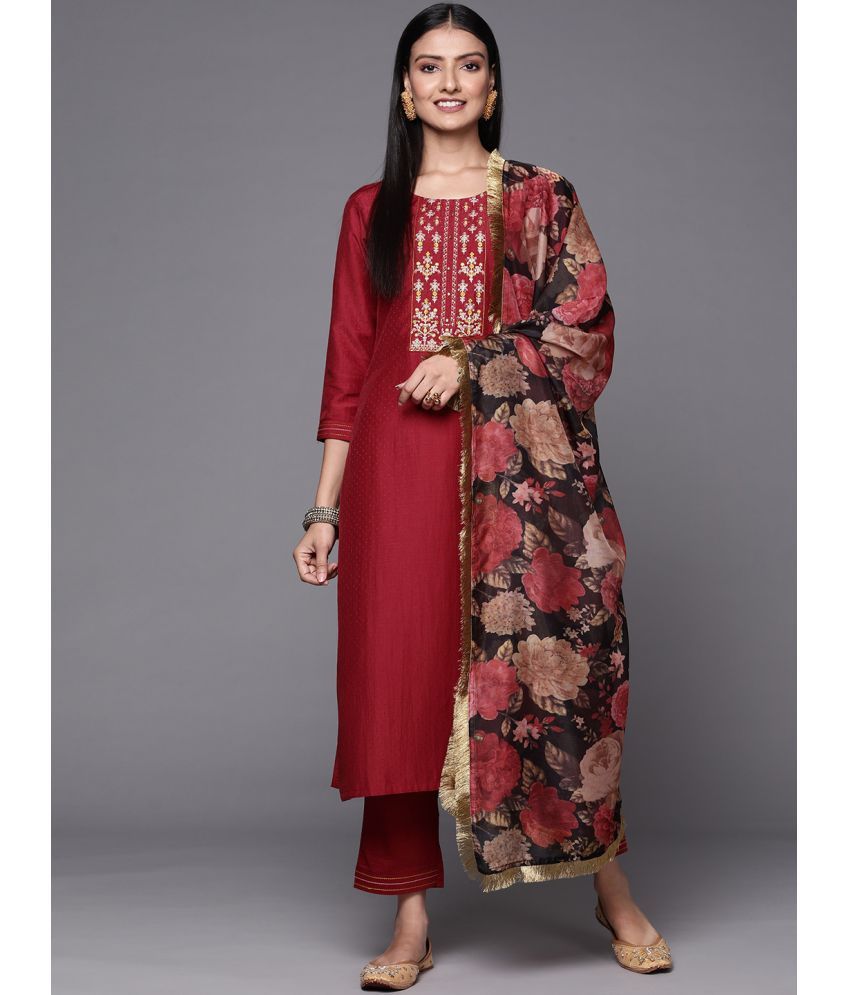     			Varanga Silk Blend Embroidered Kurti With Pants Women's Stitched Salwar Suit - Maroon ( Pack of 1 )