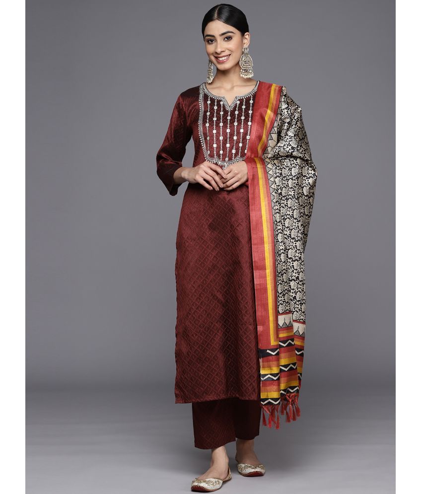     			Varanga Silk Blend Embroidered Kurti With Pants Women's Stitched Salwar Suit - Maroon ( Pack of 1 )