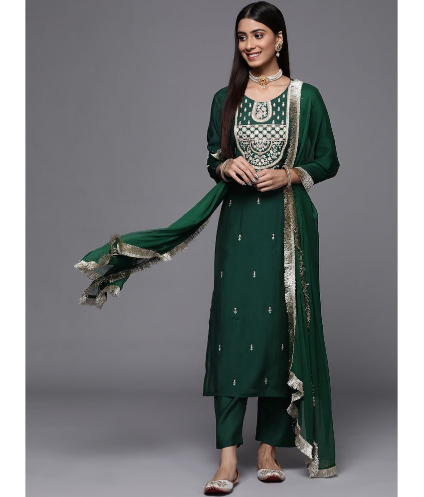     			Varanga Silk Blend Embroidered Kurti With Pants Women's Stitched Salwar Suit - Green ( Pack of 1 )