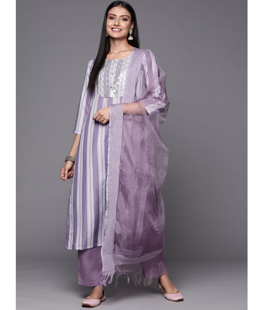     			Varanga Silk Blend Embroidered Kurti With Pants Women's Stitched Salwar Suit - Purple ( Pack of 1 )