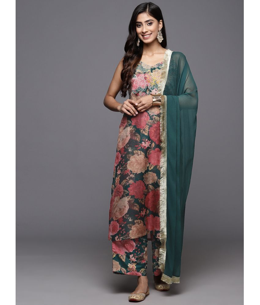     			Varanga Silk Blend Printed Kurti With Pants Women's Stitched Salwar Suit - Green ( Pack of 1 )