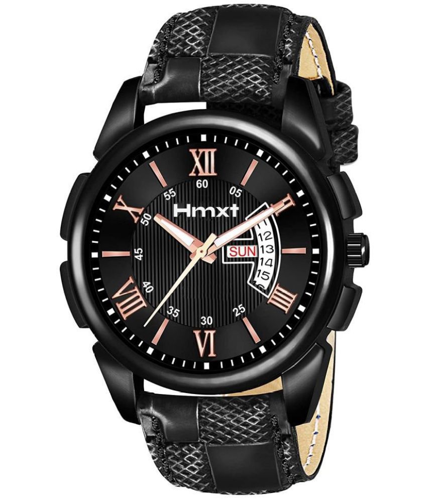     			HMXT Black Leather Analog Men's Watch