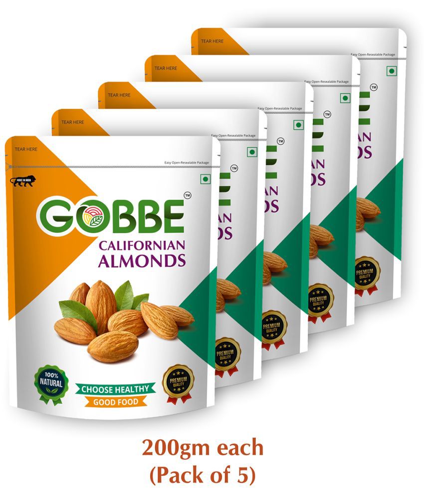     			GOBBE Premium Californian Almonds/Badam | Gluten Free & Low Calorie & High Protein Nuts | Healthy dry fruits- 1Kg (Pack of 5) (200*5)