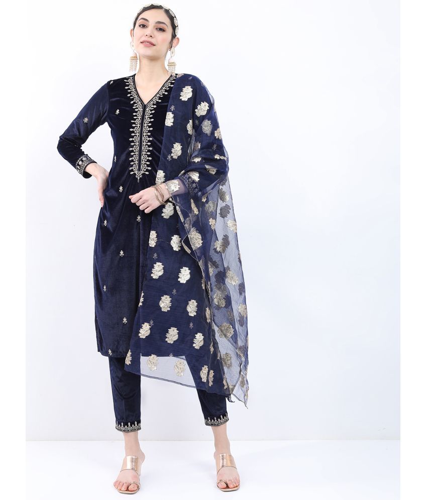     			Ketch Polyester Embellished Kurti With Pants Women's Stitched Salwar Suit - Navy Blue ( Pack of 1 )