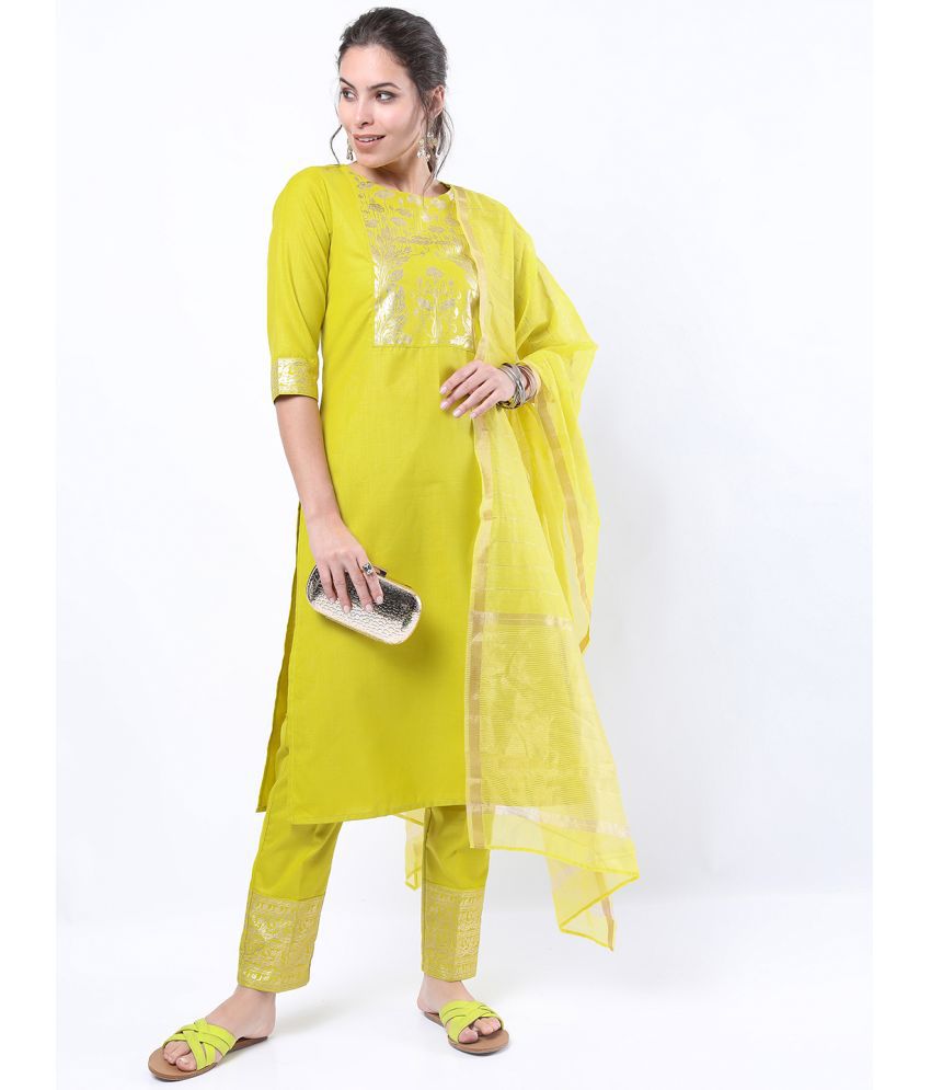     			Ketch Polyester Embellished Kurti With Palazzo Women's Stitched Salwar Suit - Lime Green ( Pack of 1 )