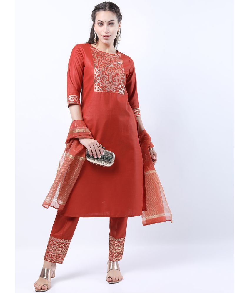     			Ketch Polyester Embellished Kurti With Pants Women's Stitched Salwar Suit - Rust ( Pack of 1 )
