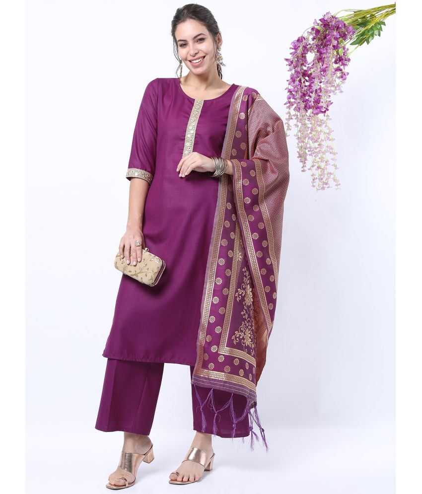     			Ketch Polyester Embellished Kurti With Palazzo Women's Stitched Salwar Suit - Purple ( Pack of 1 )