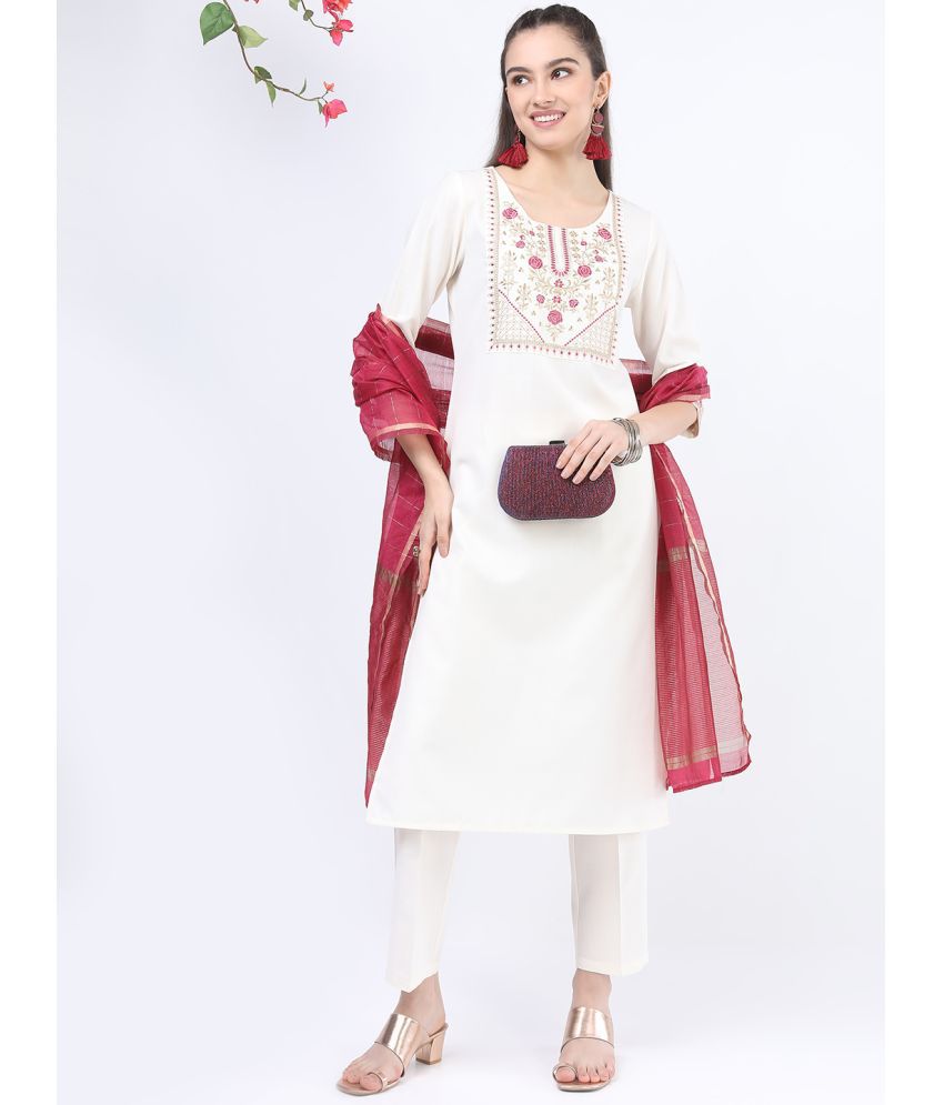     			Ketch Polyester Embroidered Kurti With Pants Women's Stitched Salwar Suit - Cream ( Pack of 1 )