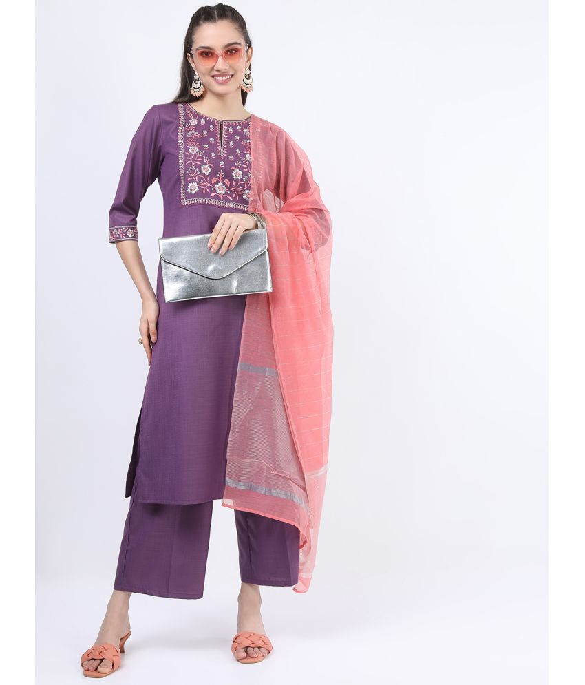     			Ketch Polyester Embroidered Kurti With Palazzo Women's Stitched Salwar Suit - Purple ( Pack of 1 )