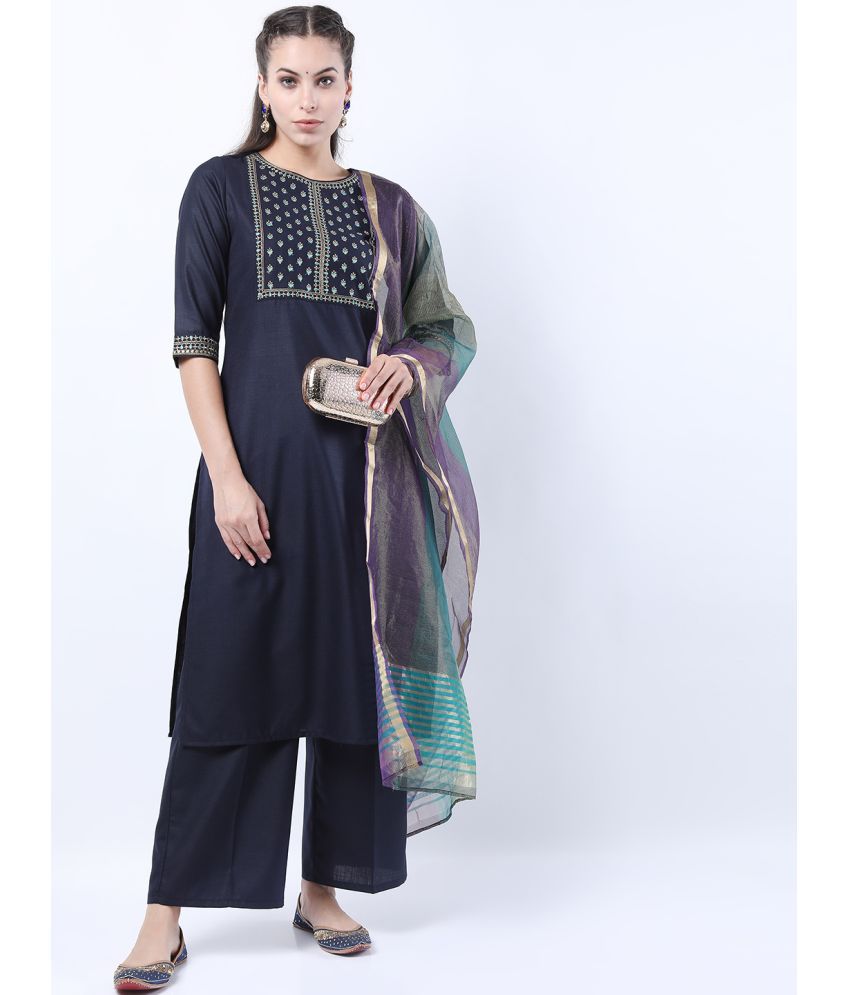     			Ketch Polyester Embroidered Kurti With Palazzo Women's Stitched Salwar Suit - Navy Blue ( Pack of 1 )