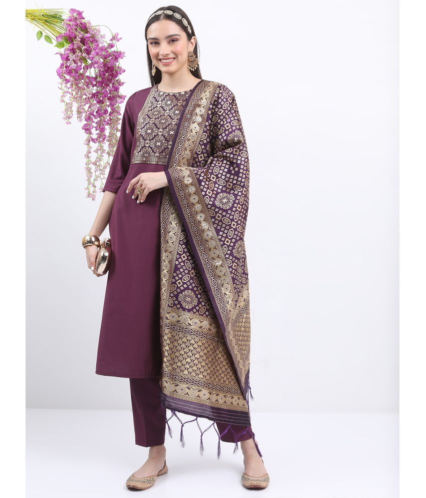     			Ketch Polyester Printed Kurti With Pants Women's Stitched Salwar Suit - Purple ( Pack of 1 )