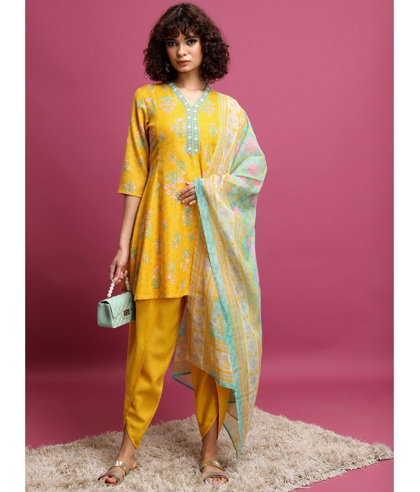     			Ketch Polyester Printed Kurti With Dhoti Pants Women's Stitched Salwar Suit - Yellow ( Pack of 1 )