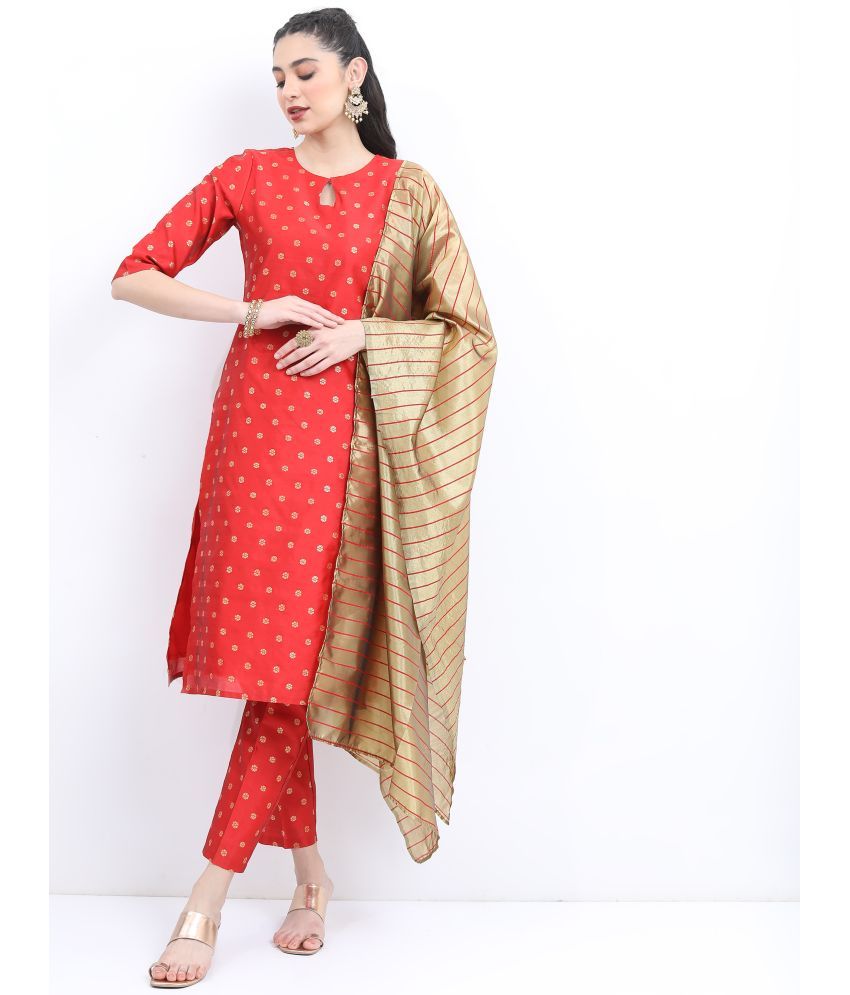     			Ketch Polyester Printed Kurti With Pants Women's Stitched Salwar Suit - Red ( Pack of 1 )