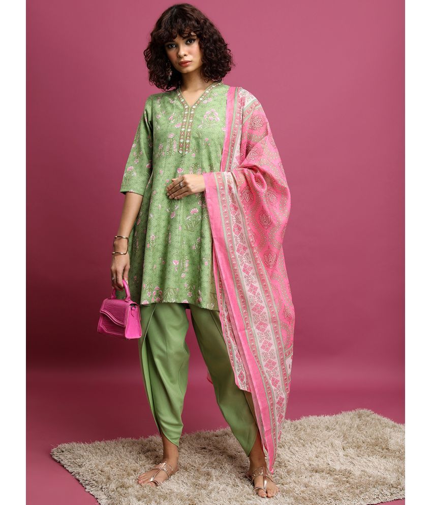     			Ketch Polyester Printed Kurti With Dhoti Pants Women's Stitched Salwar Suit - Green ( Pack of 1 )