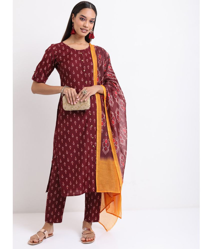     			Ketch Polyester Printed Kurti With Pants Women's Stitched Salwar Suit - Burgundy ( Pack of 1 )