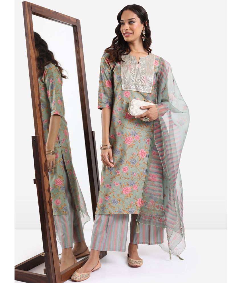     			Ketch Polyester Printed Kurti With Palazzo Women's Stitched Salwar Suit - Green ( Pack of 1 )