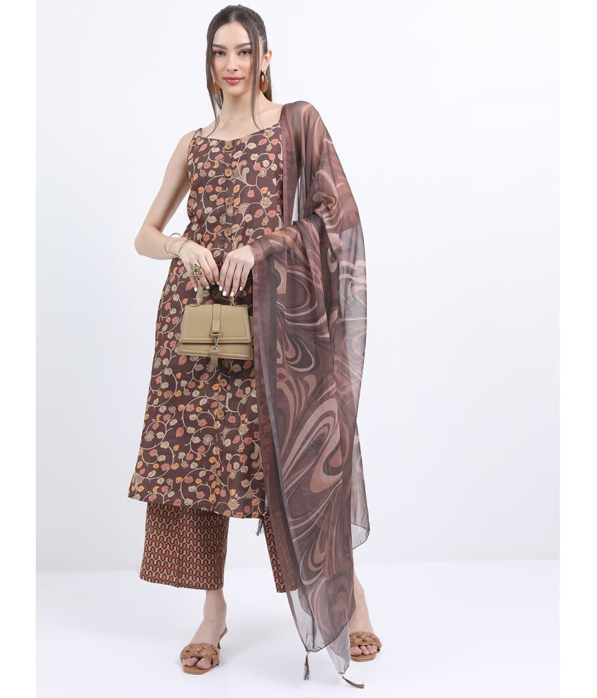     			Ketch Polyester Printed Kurti With Palazzo Women's Stitched Salwar Suit - Brown ( Pack of 1 )