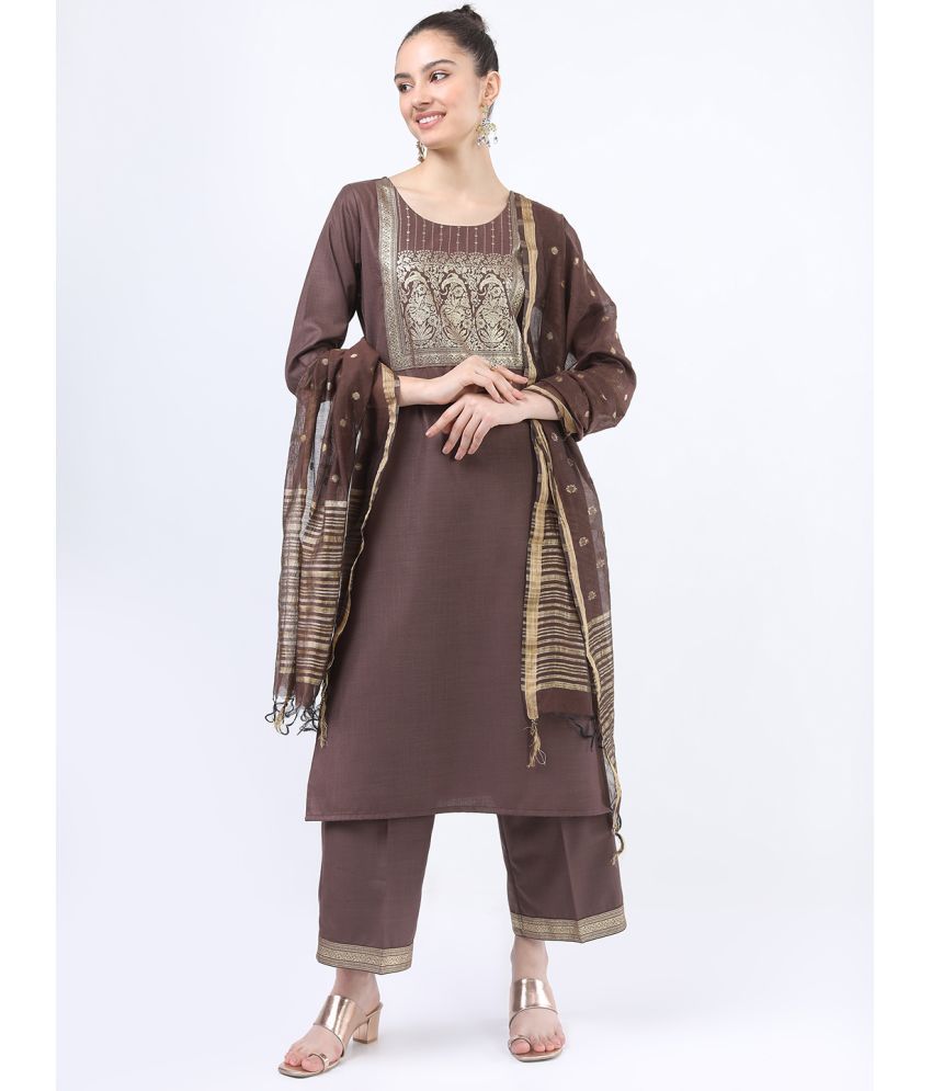     			Ketch Polyester Printed Kurti With Palazzo Women's Stitched Salwar Suit - Brown ( Pack of 1 )