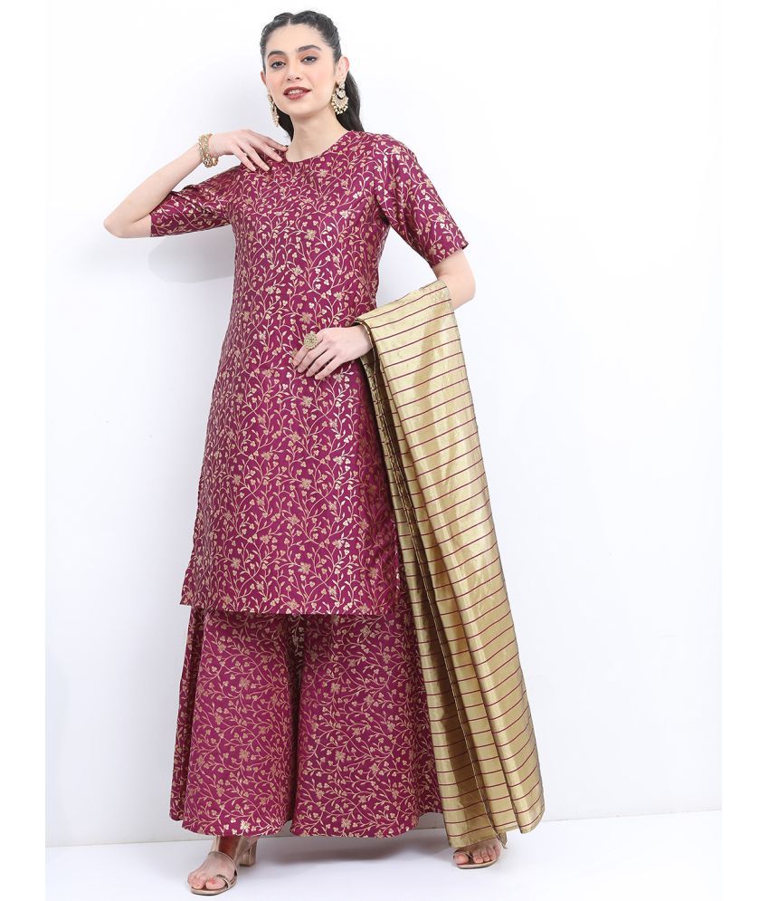     			Ketch Polyester Printed Kurti With Sharara And Gharara Women's Stitched Salwar Suit - Magenta ( Pack of 1 )