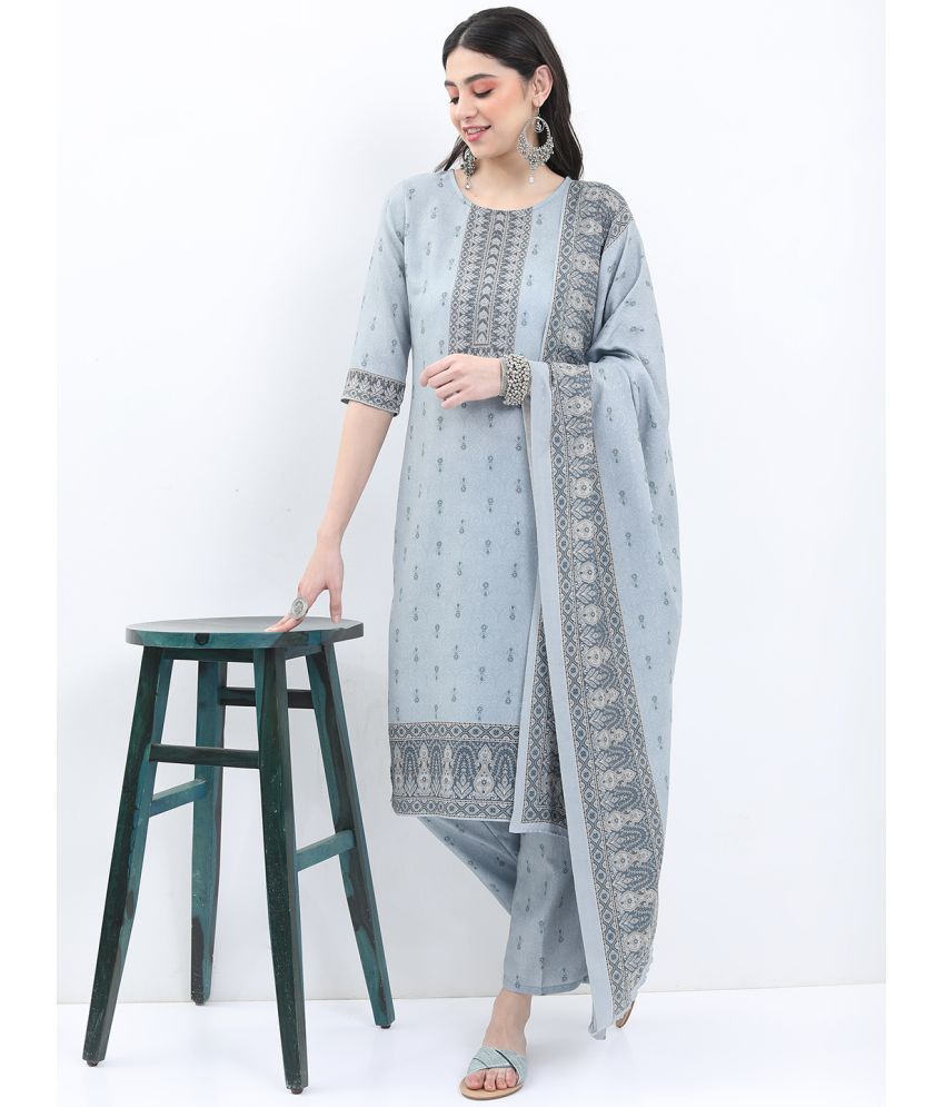    			Ketch Polyester Printed Kurti With Pants Women's Stitched Salwar Suit - Grey ( Pack of 1 )