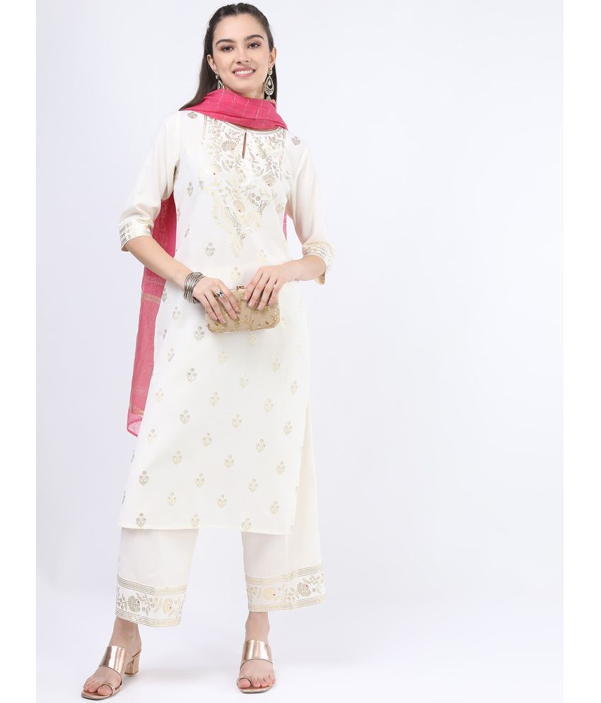     			Ketch Polyester Printed Kurti With Palazzo Women's Stitched Salwar Suit - Cream ( Pack of 1 )
