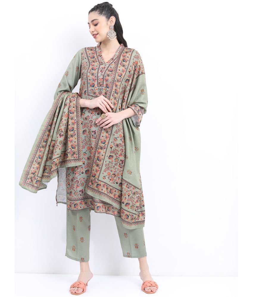     			Ketch Polyester Printed Kurti With Palazzo Women's Stitched Salwar Suit - Green ( Pack of 1 )