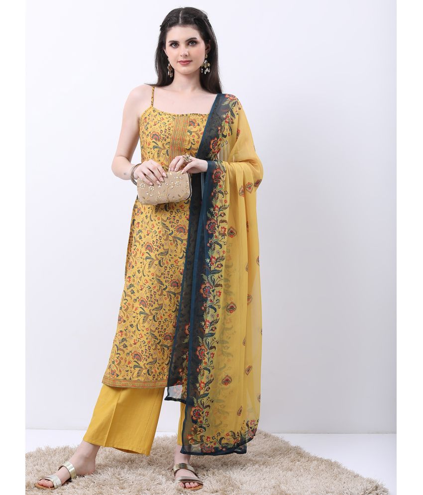     			Ketch Viscose Printed Kurti With Palazzo Women's Stitched Salwar Suit - Mustard ( Pack of 1 )