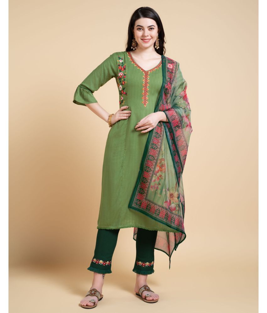     			MOJILAA Rayon Embroidered Kurti With Pants Women's Stitched Salwar Suit - Green ( Pack of 1 )