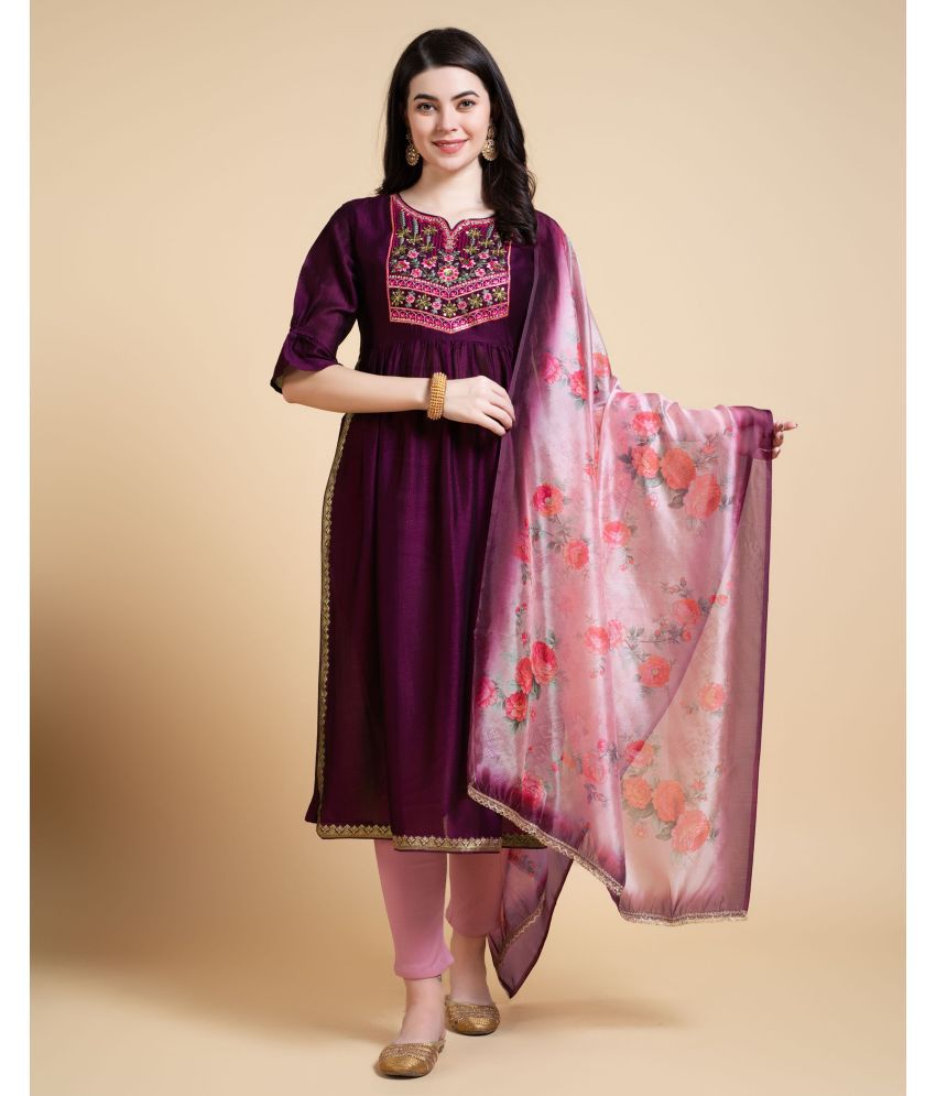     			MOJILAA Silk Embroidered Kurti With Pants Women's Stitched Salwar Suit - Purple ( Pack of 1 )